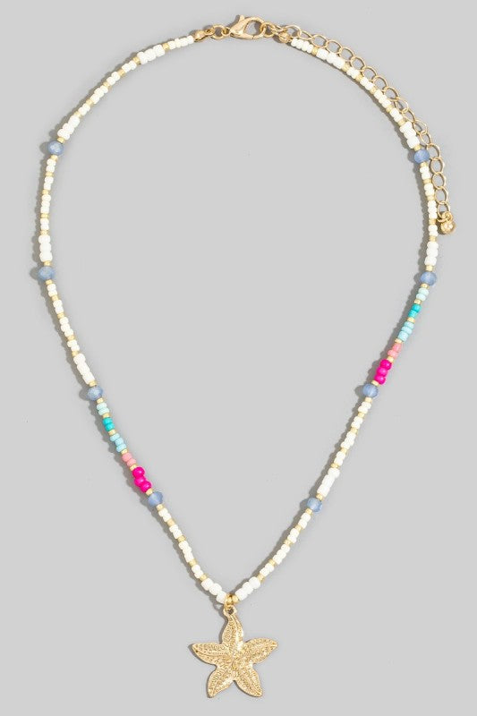 Seed Bead Starfish Pendant Necklace-Multi