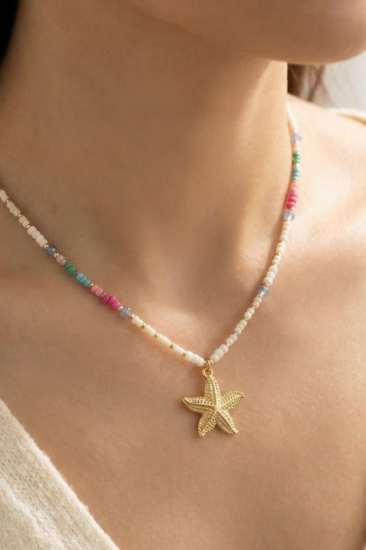 Seed Bead Starfish Pendant Necklace-Multi