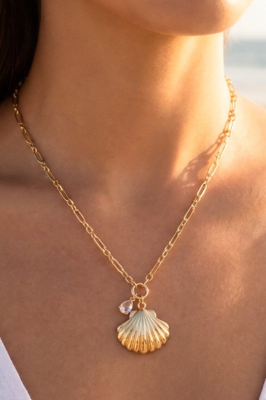 Metal Seashell & Teardrop Crystal Necklace