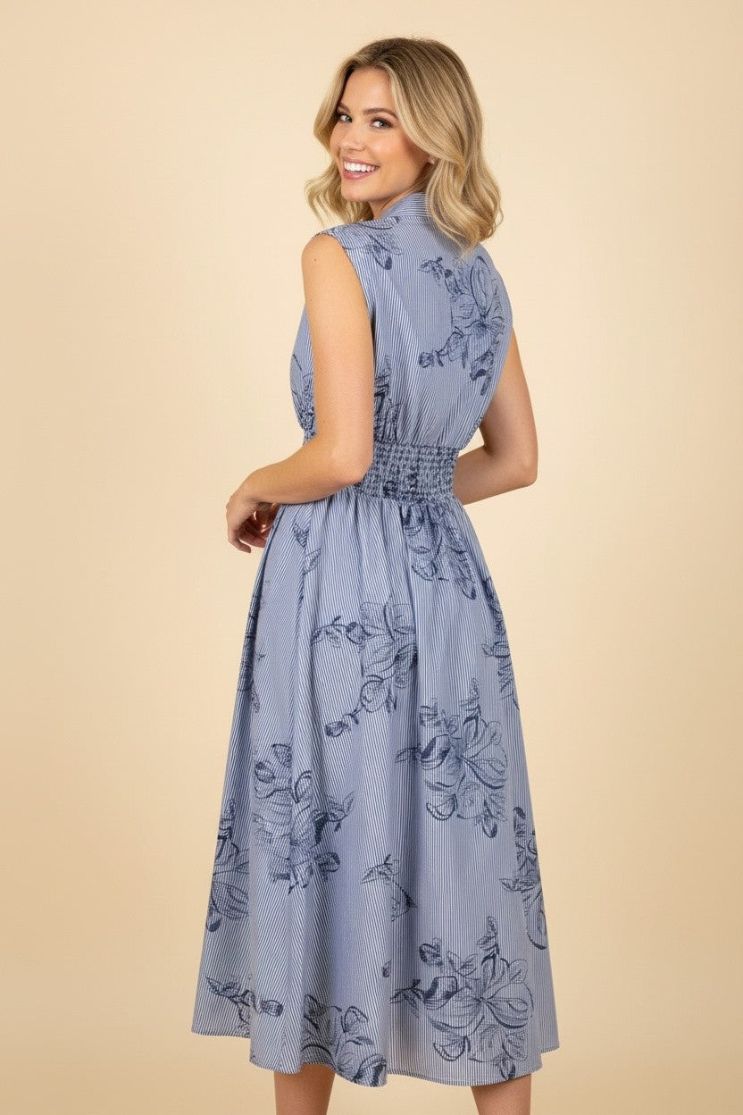 Sleeveless Pinstripe Embroidered Floral Zip Midi Dress-Chambray