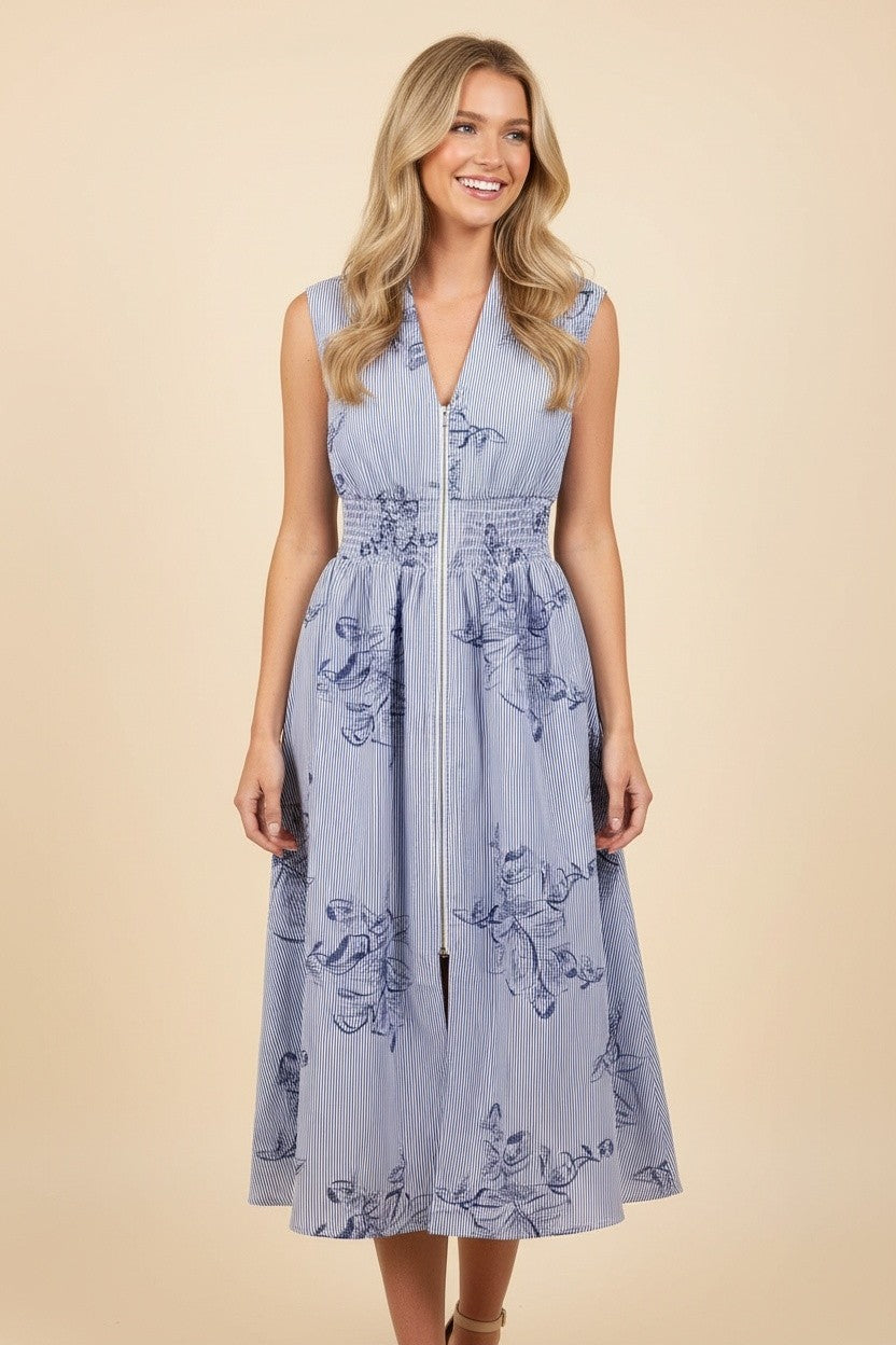 Sleeveless Pinstripe Embroidered Floral Zip Midi Dress-Chambray