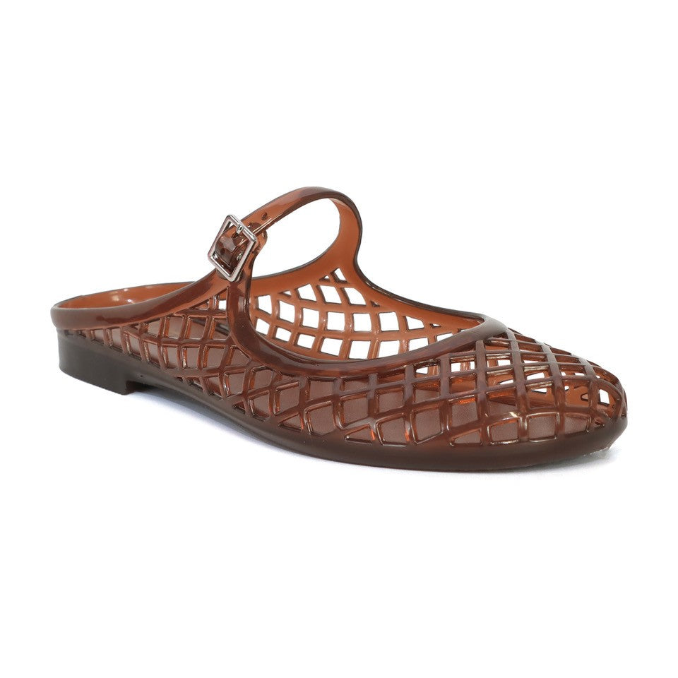 Women Buckle Strap Cage Jelly Mules-Brown