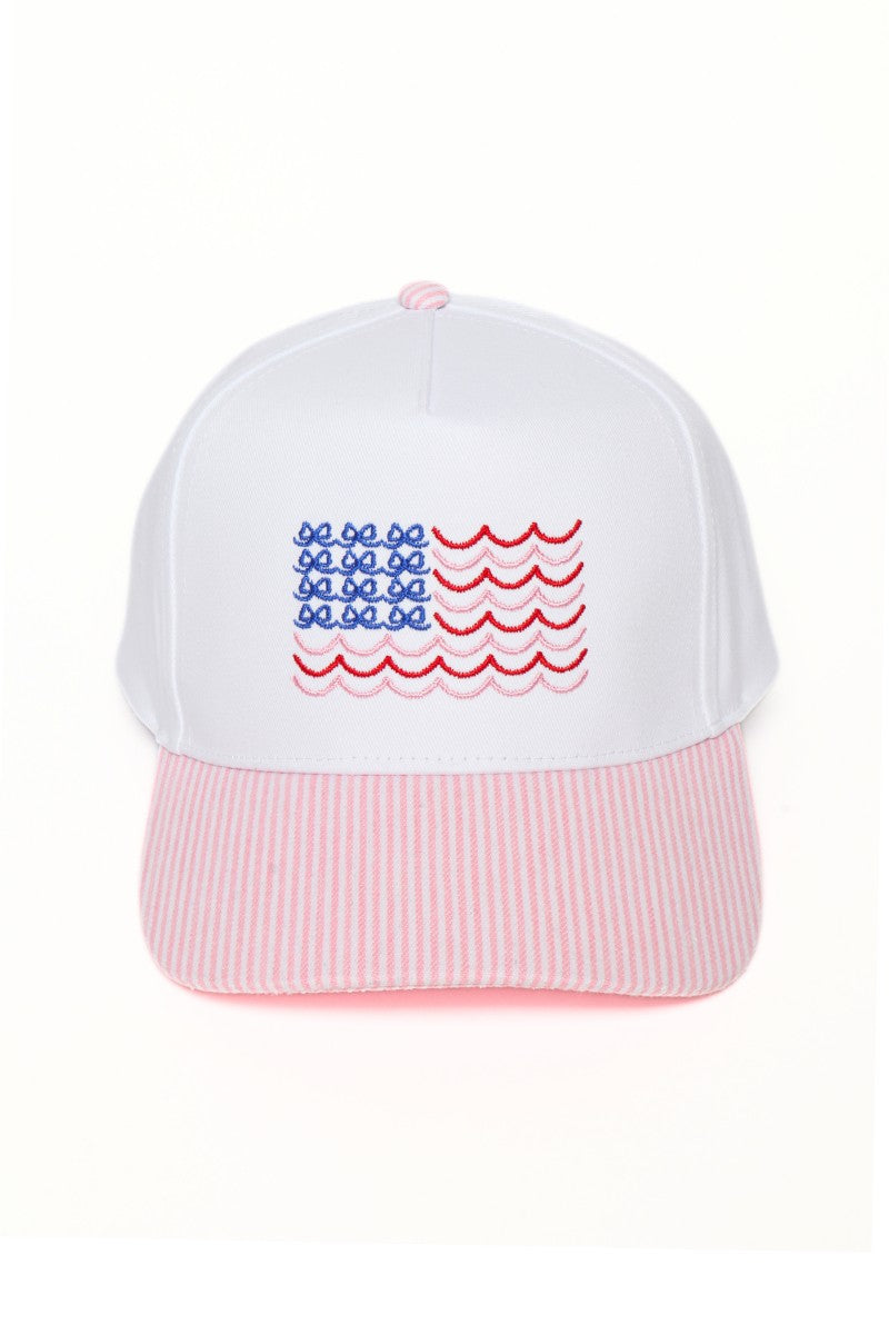 Embroidered Wave Flag Stripe Bill Hat-Pink