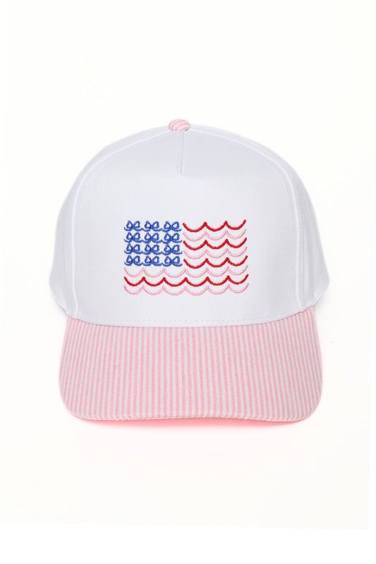Embroidered Wave Flag Stripe Bill Hat-Pink