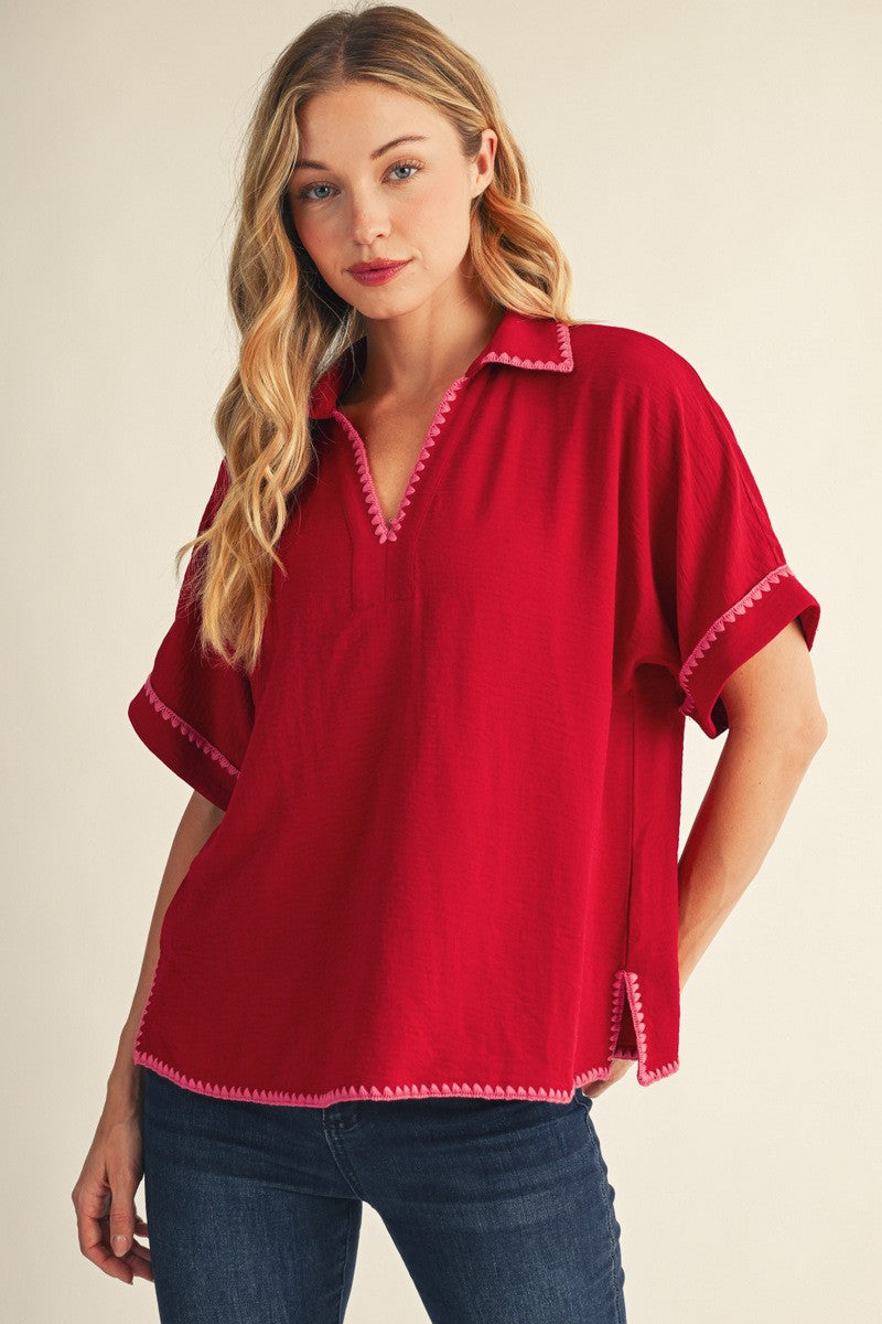 Solid Collared Whip Stich Embroidered Top