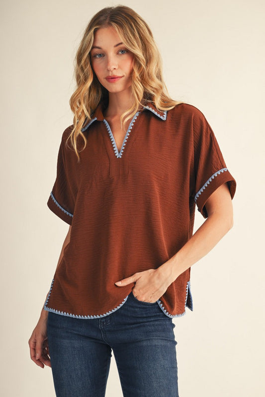 Solid Collared Whip Stich Embroidered Top