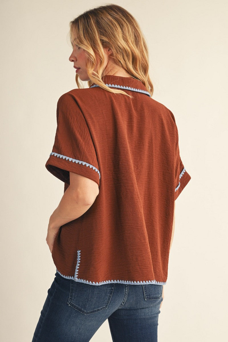 Solid Collared Whip Stich Embroidered Top