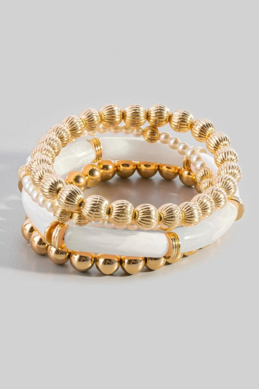 Resin Tube, Pearl & Gold Ball Bead Bracelet Set