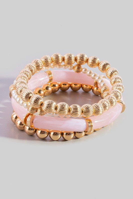 Resin Tube, Pearl & Gold Ball Bead Bracelet Set