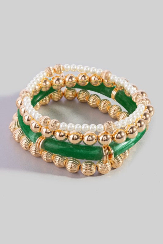 Resin Tube, Pearl & Gold Ball Bead Bracelet Set