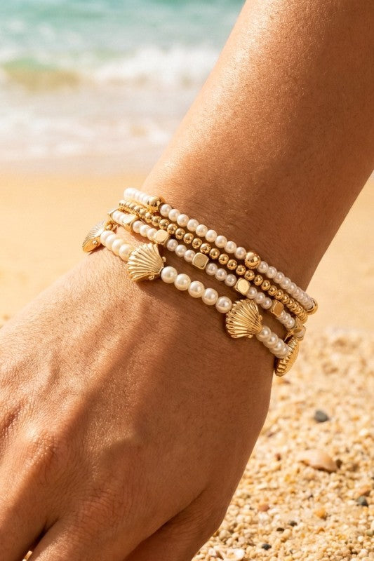 Pearl & Gold Seashell Bracelet Set