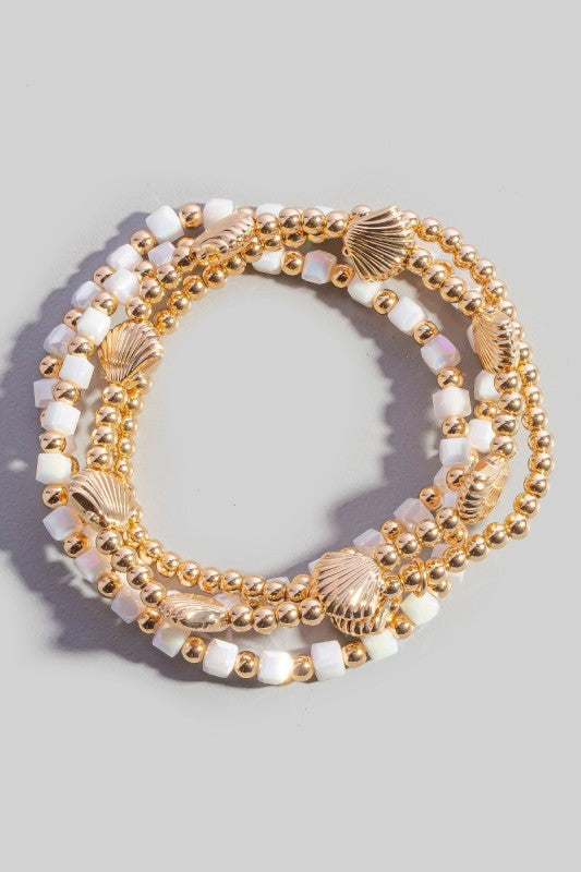 White Square Bead & Seashells Beaded Bracelet Set