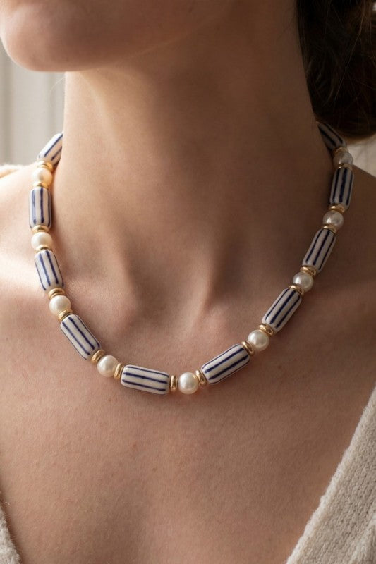Striped Cylinder & Pearl Beaded Necklace-Navy