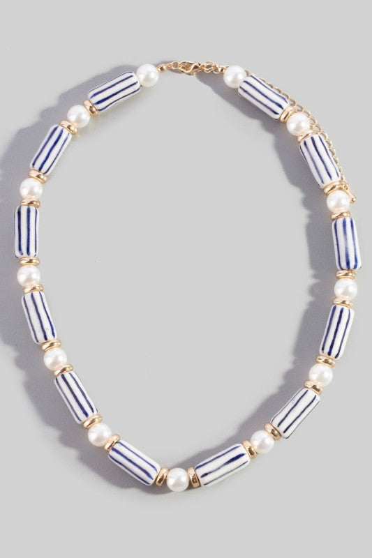 Striped Cylinder & Pearl Beaded Necklace-Navy