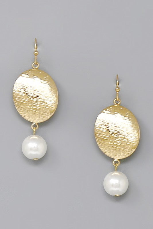 Textured Oval Disc Pearl Drop Earring