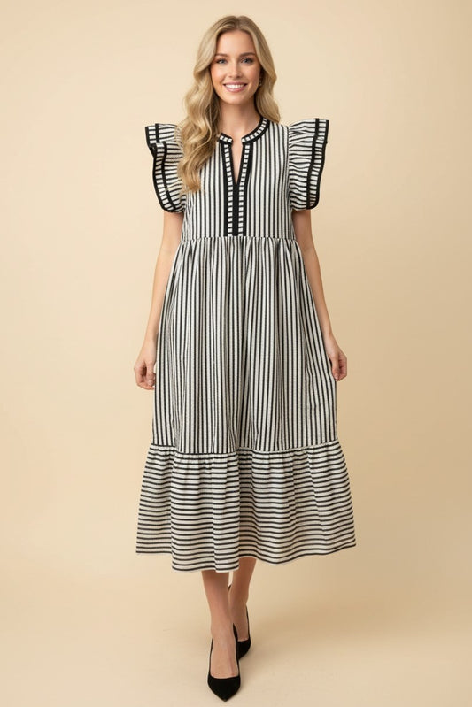 Vertical Stripe Flutter Sleeve Tiered Midi Dress