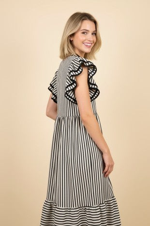 Vertical Stripe Flutter Sleeve Tiered Midi Dress