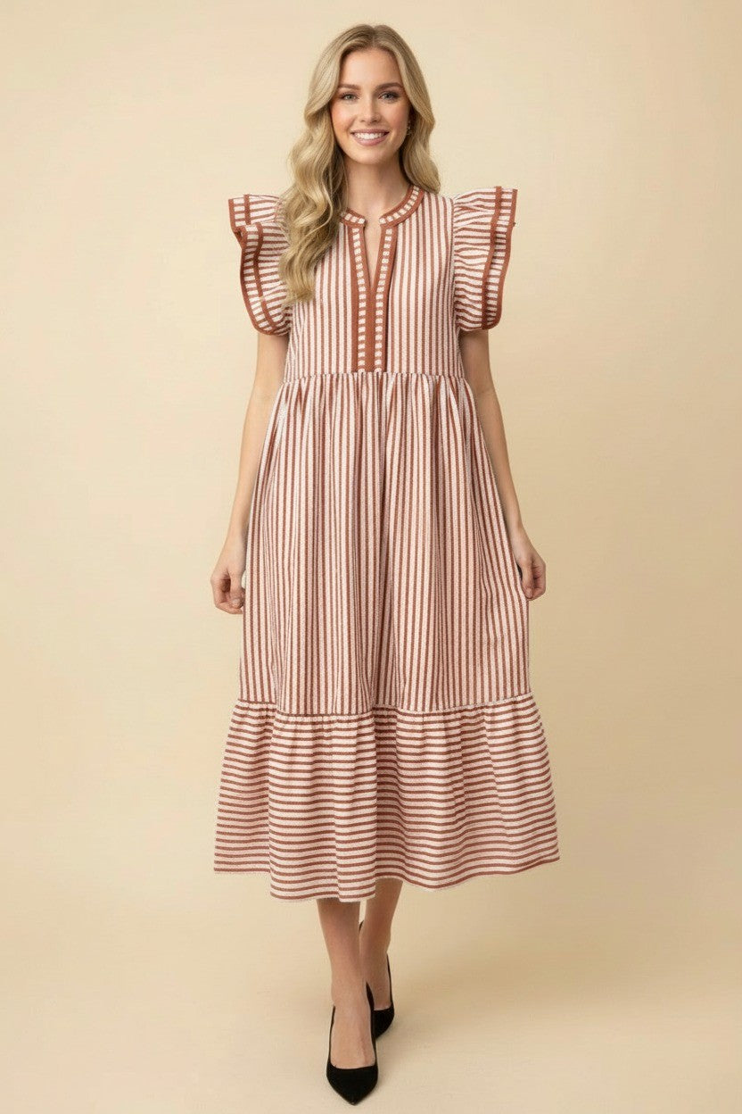 Vertical Stripe Flutter Sleeve Tiered Midi Dress