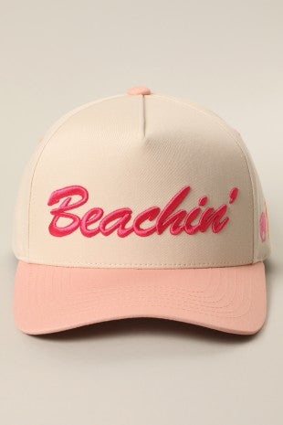 Beachin Embroidered Hat w/Coastal Images-Peach