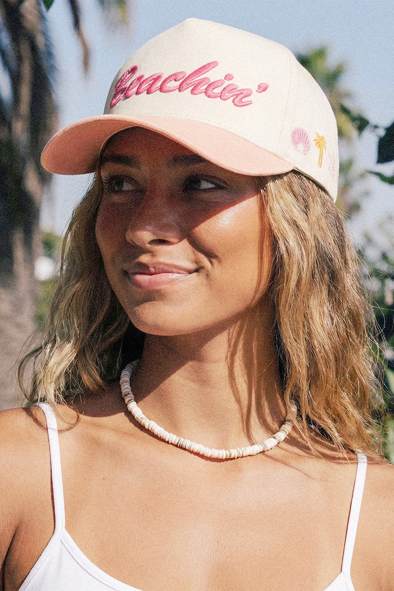 Beachin Embroidered Hat w/Coastal Images-Peach