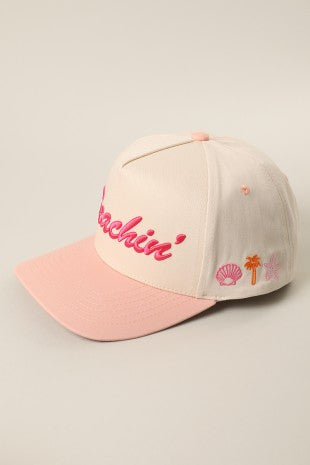 Beachin Embroidered Hat w/Coastal Images-Peach