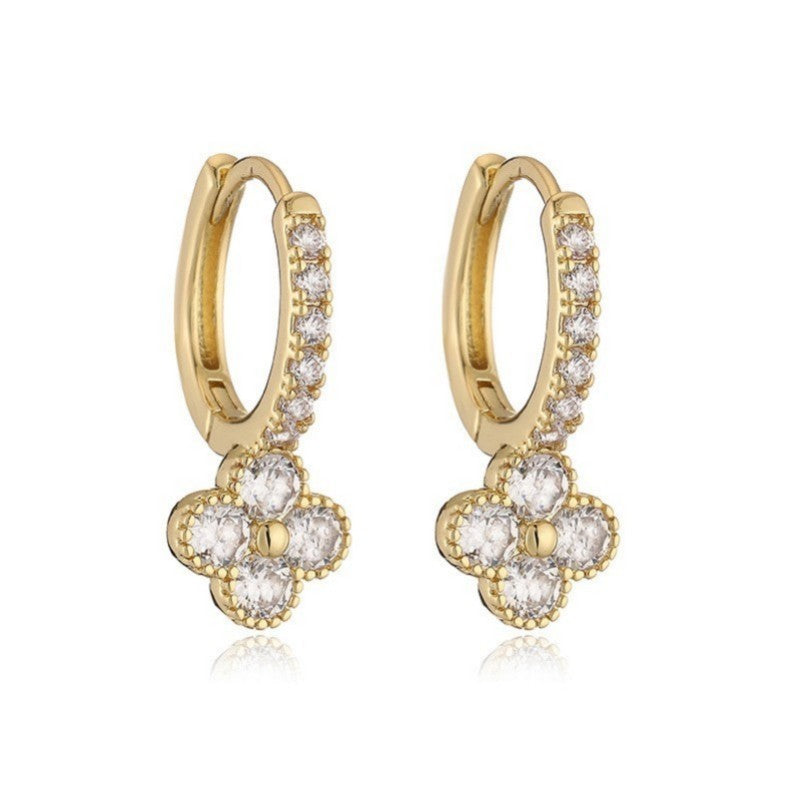 Pave Crystal Clover Drop Huggie Hoop Earring