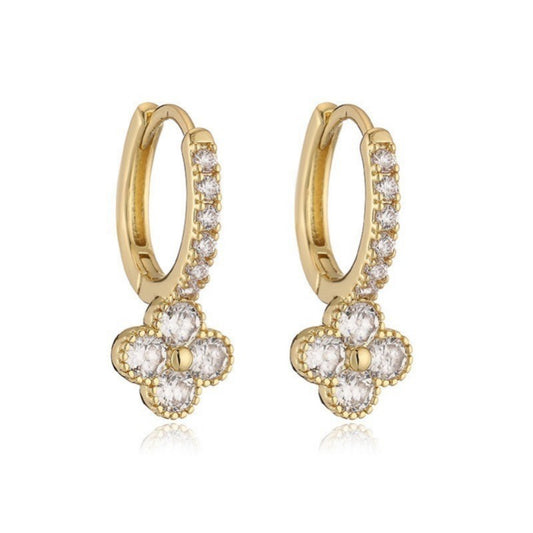 Pave Crystal Clover Drop Huggie Hoop Earring