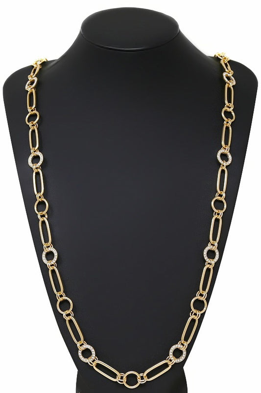 Rhinestone Disk & Link Long Chain Necklace