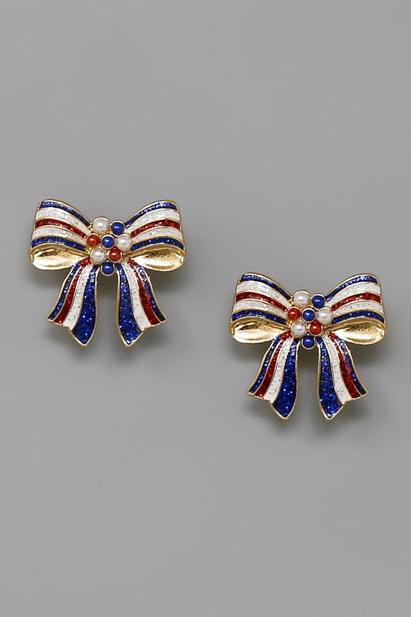 RWB Striped Glitter Pearl Bow Stud Earring