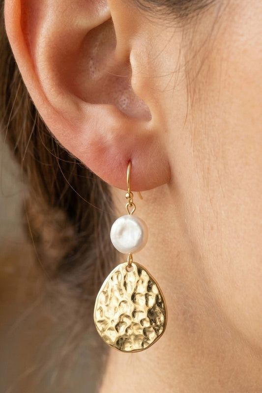 Hammered Teardrop & Pearl Earring