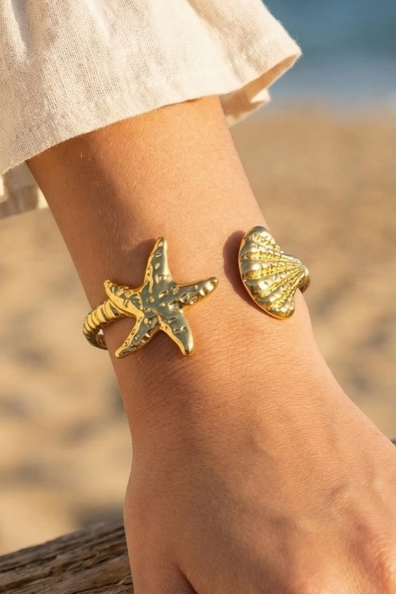 Gold Starfish & Shell Cuff Bracelet