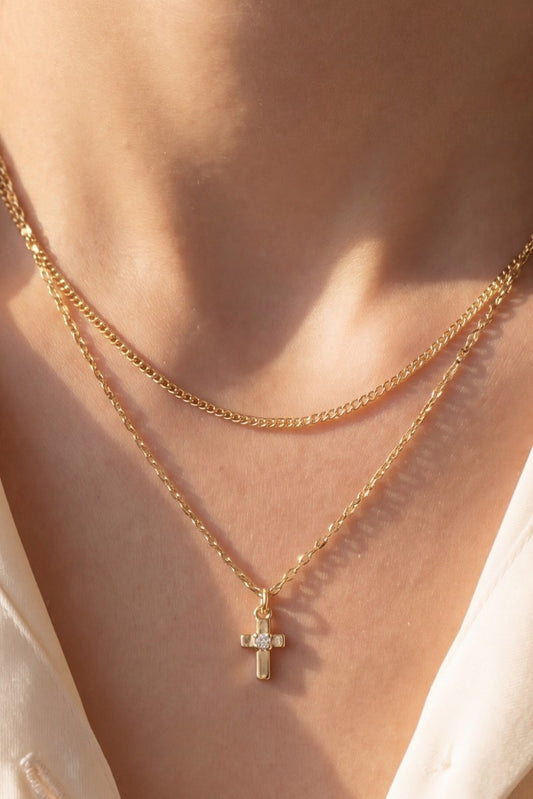 Layered Sparkle Cross Secretbox Necklace-Gold