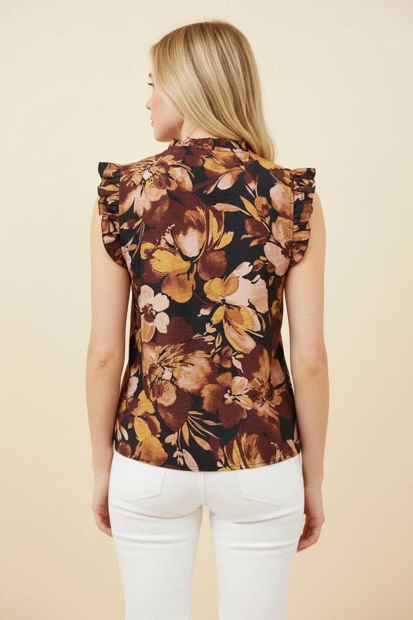 Sleeveless Ruffled V-Neck Floral Top-Black