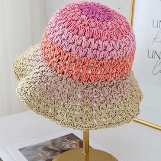 Straw Crochet Gradient Bucket Hat-Pink