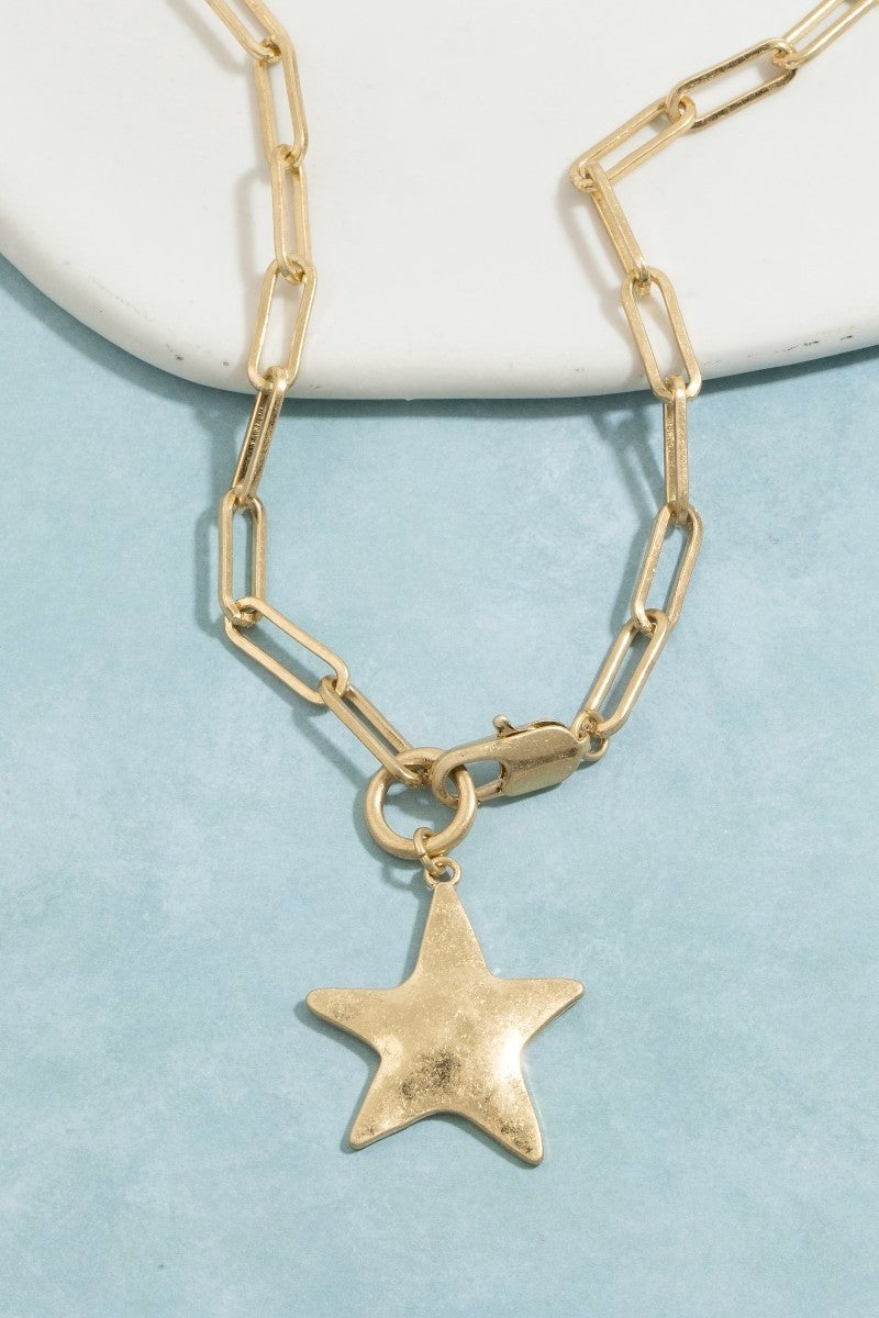 Gold Hammered Star Paperclip Chain Necklace