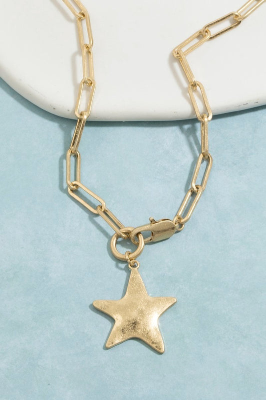 Gold Hammered Star Paperclip Chain Necklace