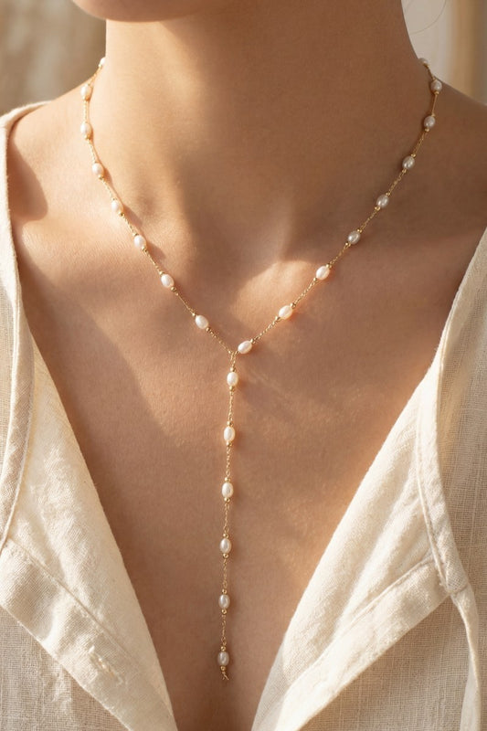Stationary Pearl Lariat Necklace