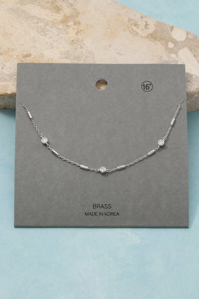 CZ Round Stone & Bar Chain Necklace