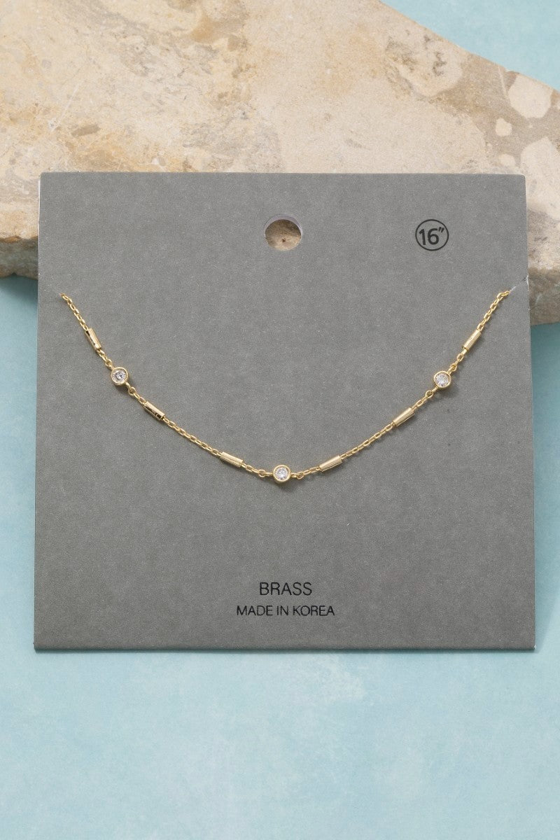 CZ Round Stone & Bar Chain Necklace