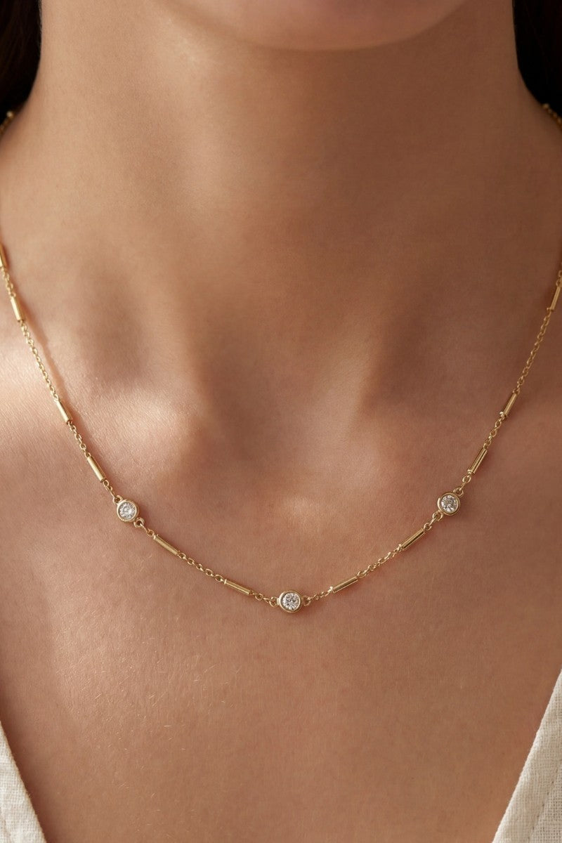 CZ Round Stone & Bar Chain Necklace