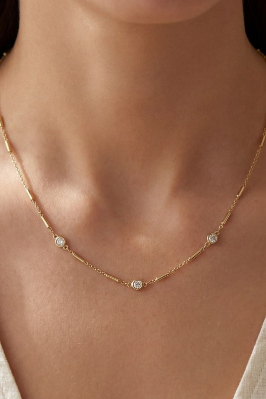 CZ Round Stone & Bar Chain Necklace