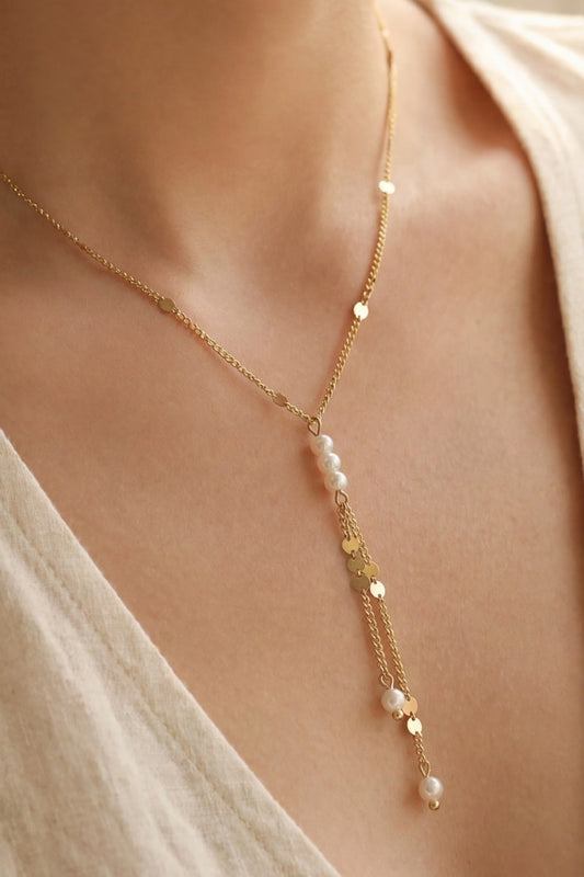 Dainty Pearl & Chain Tassel Lariat Necklace-Gold
