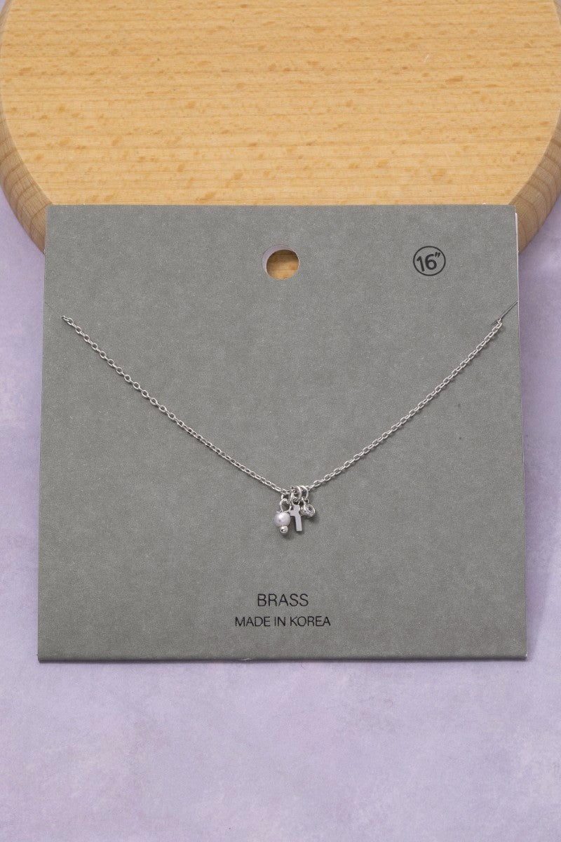 Dainty Cross, Pearl, CZ Stone Charm Necklace