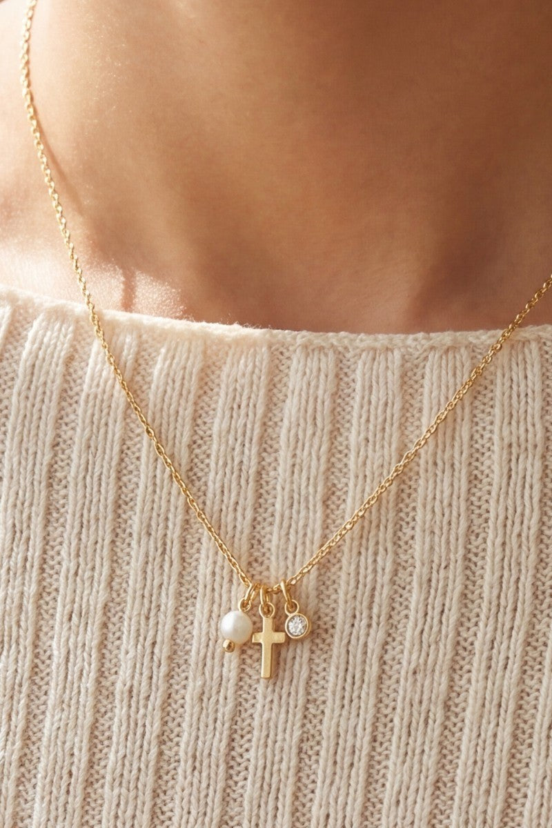 Dainty Cross, Pearl, CZ Stone Charm Necklace