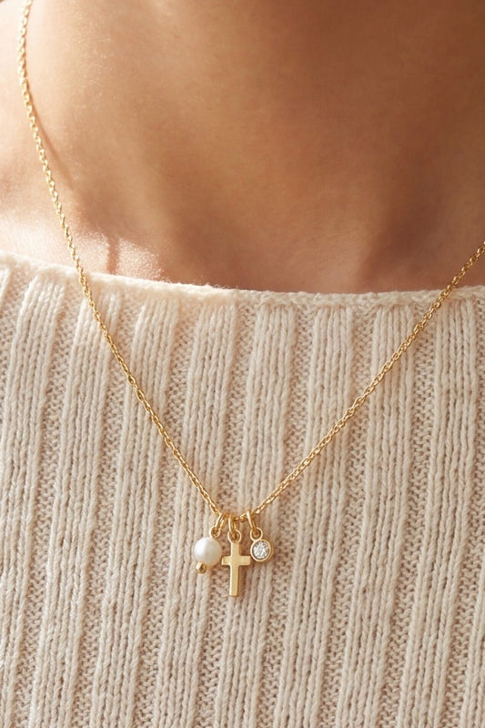 Dainty Cross, Pearl, CZ Stone Charm Necklace