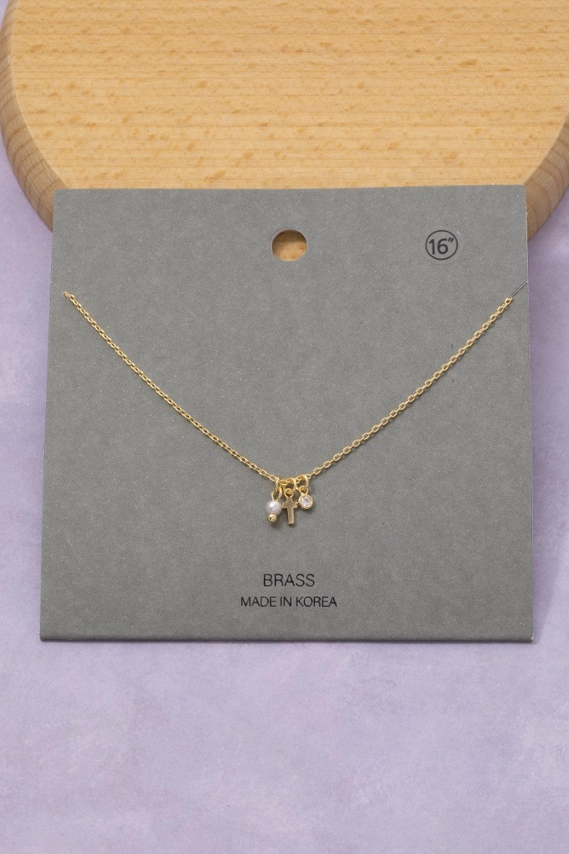 Dainty Cross, Pearl, CZ Stone Charm Necklace