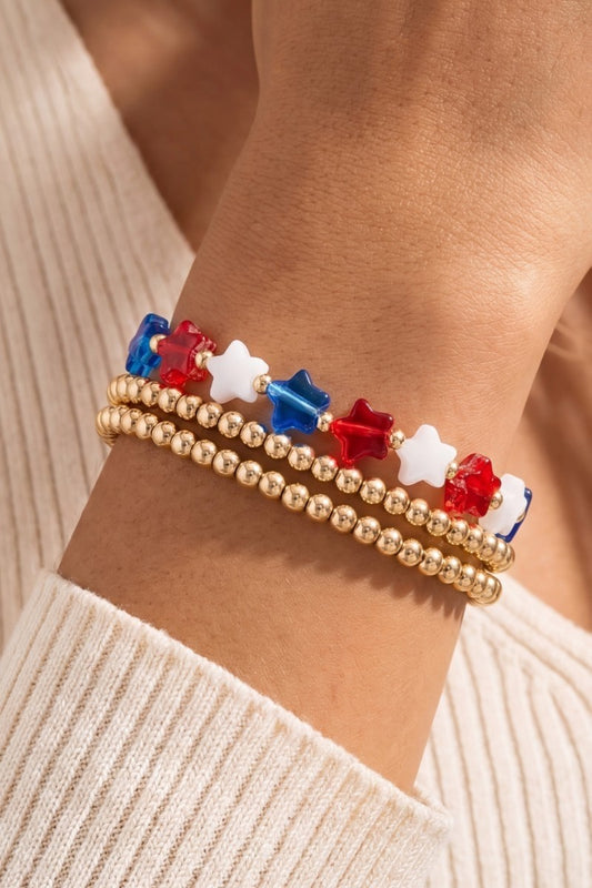 Acrylic Stars & Gold Bead Bracelet Set-RWB
