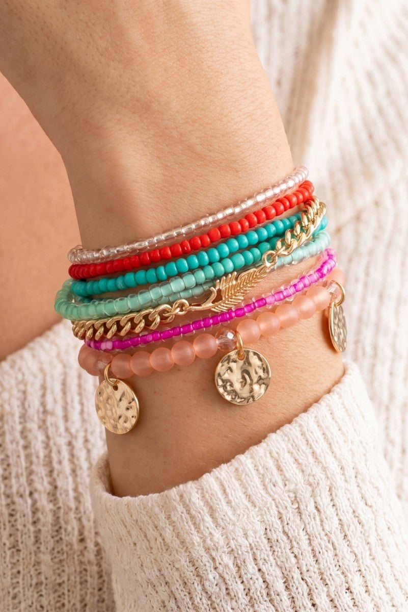 Boho Mixed Bead, Leaf & Disk Bracelet Set