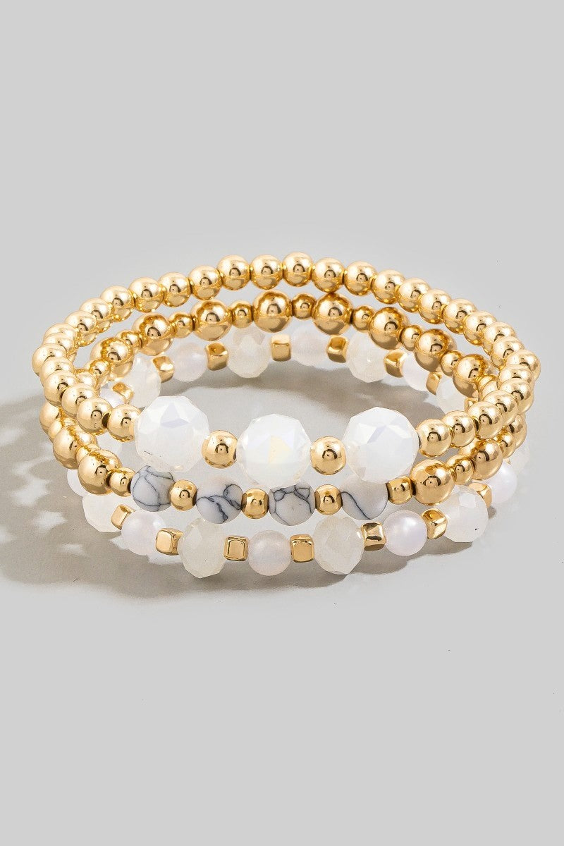 Faceted Round Stone & Gold Bead Bracelet Set