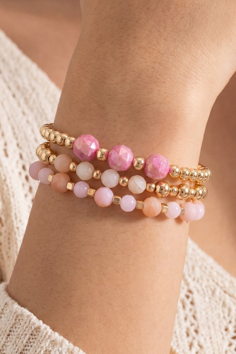 Faceted Round Stone & Gold Bead Bracelet Set